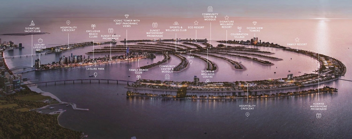 Palm Jebel Ali masterplan showing the spine, sixteen fronds and the crescents