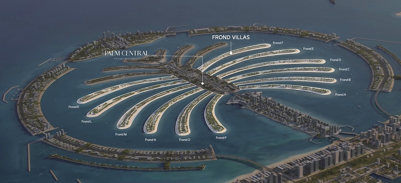 Map of Palm Jebel Ali showing where apartment districts are planned across the island